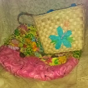 2 very cute little girl totes or purses. one raffia and one matching handmade.